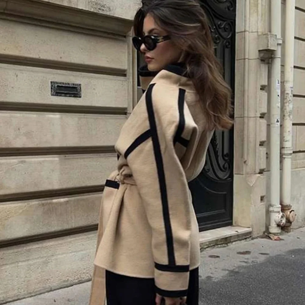 Striped Women's Woolen Coat Contrast Color Belts Long Sleeve Pocket Casu… - Picture 2 of 7
